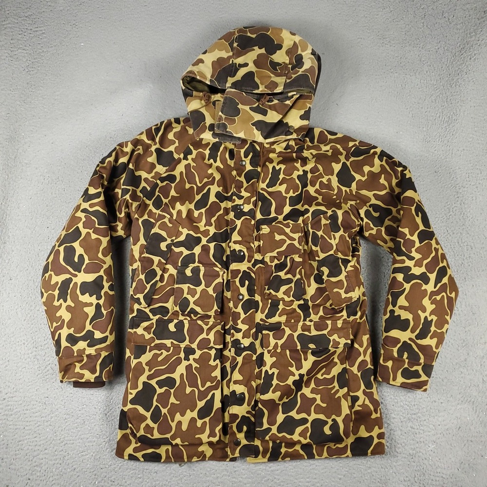 Vintage Woolrich Jacket Mens Small Tan Camo Gore-Tex Hooded Parka Made USA 90s